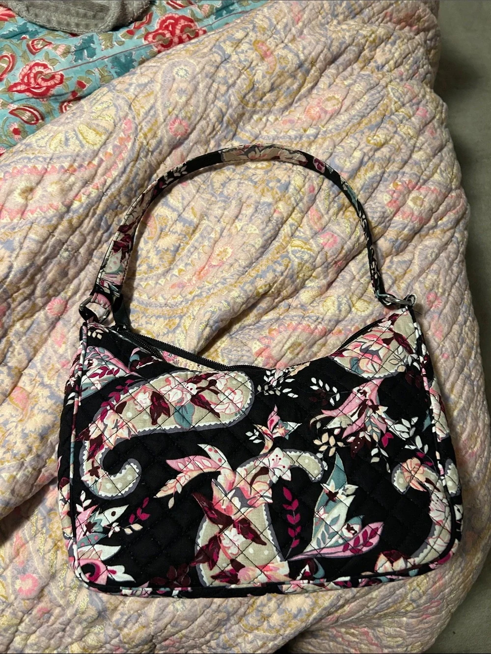 Vera Bradley Black Floral Quilted Shoulder Bag with Pink, Cream & Teal Accents